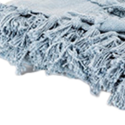 50" X 60" Light Blue Cotton Woven Throw Blanket with Tassels And Fringe HomeRoots
