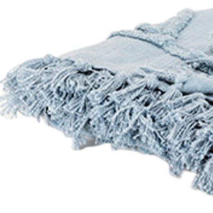 50" X 60" Light Blue Cotton Woven Throw Blanket with Tassels And Fringe HomeRoots