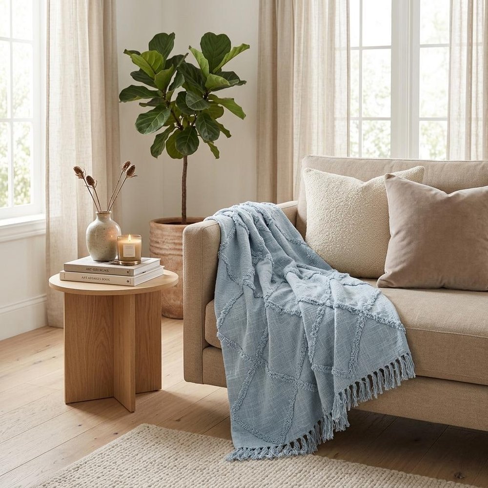 50" X 60" Light Blue Cotton Woven Throw Blanket with Tassels And Fringe HomeRoots