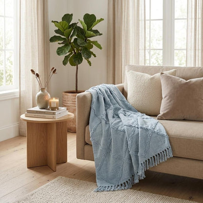 50" X 60" Light Blue Cotton Woven Throw Blanket with Tassels And Fringe HomeRoots