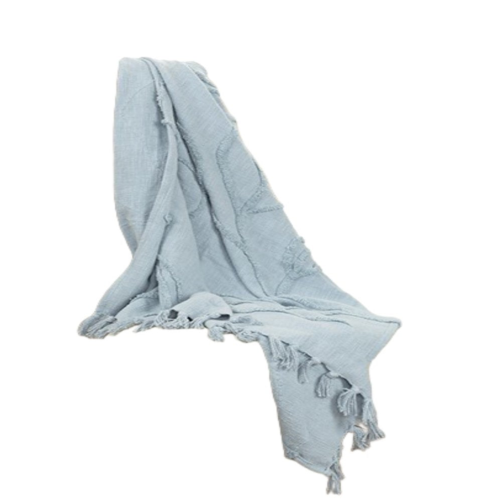 50" X 60" Light Blue Cotton Woven Throw Blanket with Tassels And Fringe HomeRoots