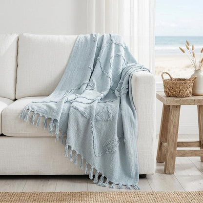 50" X 60" Light Blue Cotton Woven Throw Blanket with Tassels And Fringe HomeRoots