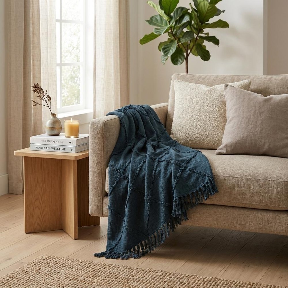 Teal Blue Woven 100% Woven Textured Cotton Throw Blanket HomeRoots