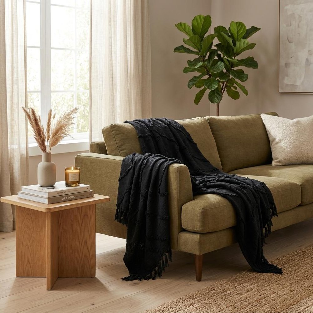 Black Woven 100% Woven Textured Cotton Throw Blanket HomeRoots