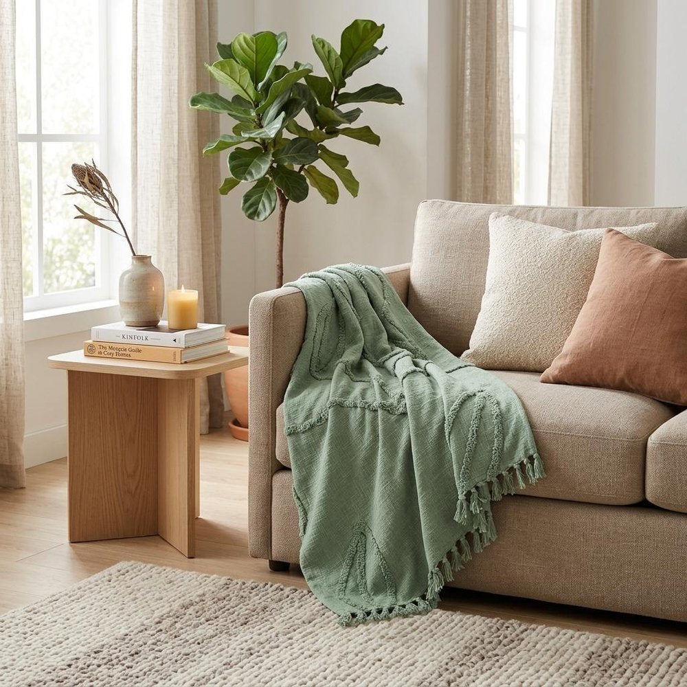 Green Woven 100% Woven Textured Cotton Throw Blanket HomeRoots