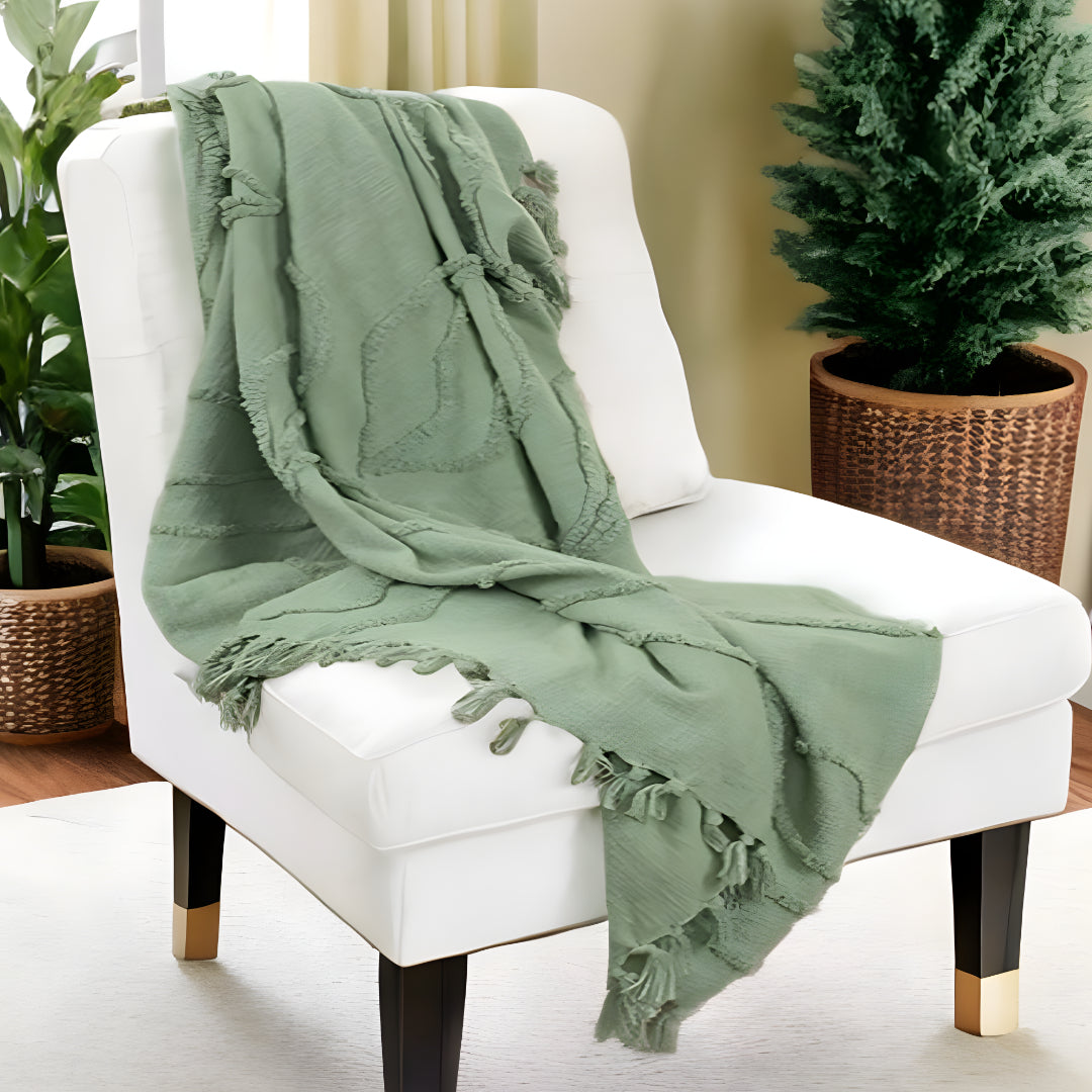 Green Woven 100% Woven Textured Cotton Throw Blanket