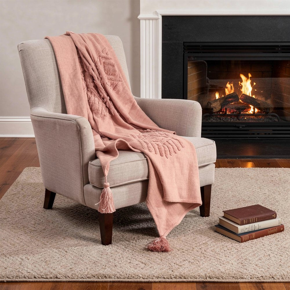 50" X 60" Coral Cotton Woven Ikat Throw Blanket with Tassels HomeRoots