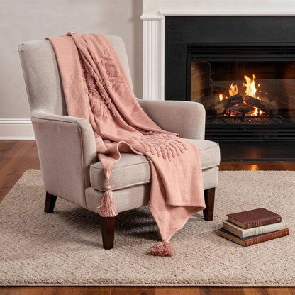 50" X 60" Coral Cotton Woven Ikat Throw Blanket with Tassels HomeRoots