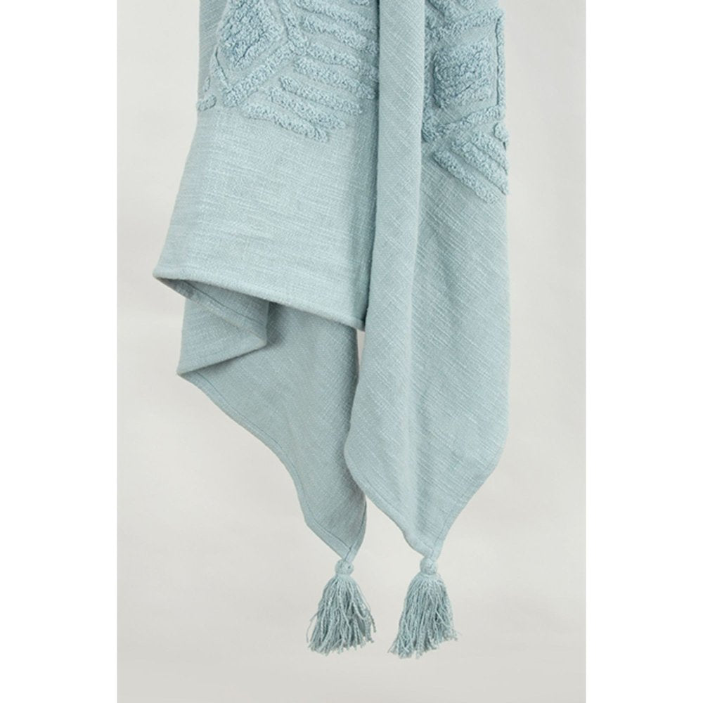50" X 60" Aqua Cotton Woven Ikat Throw Blanket with Tassels HomeRoots