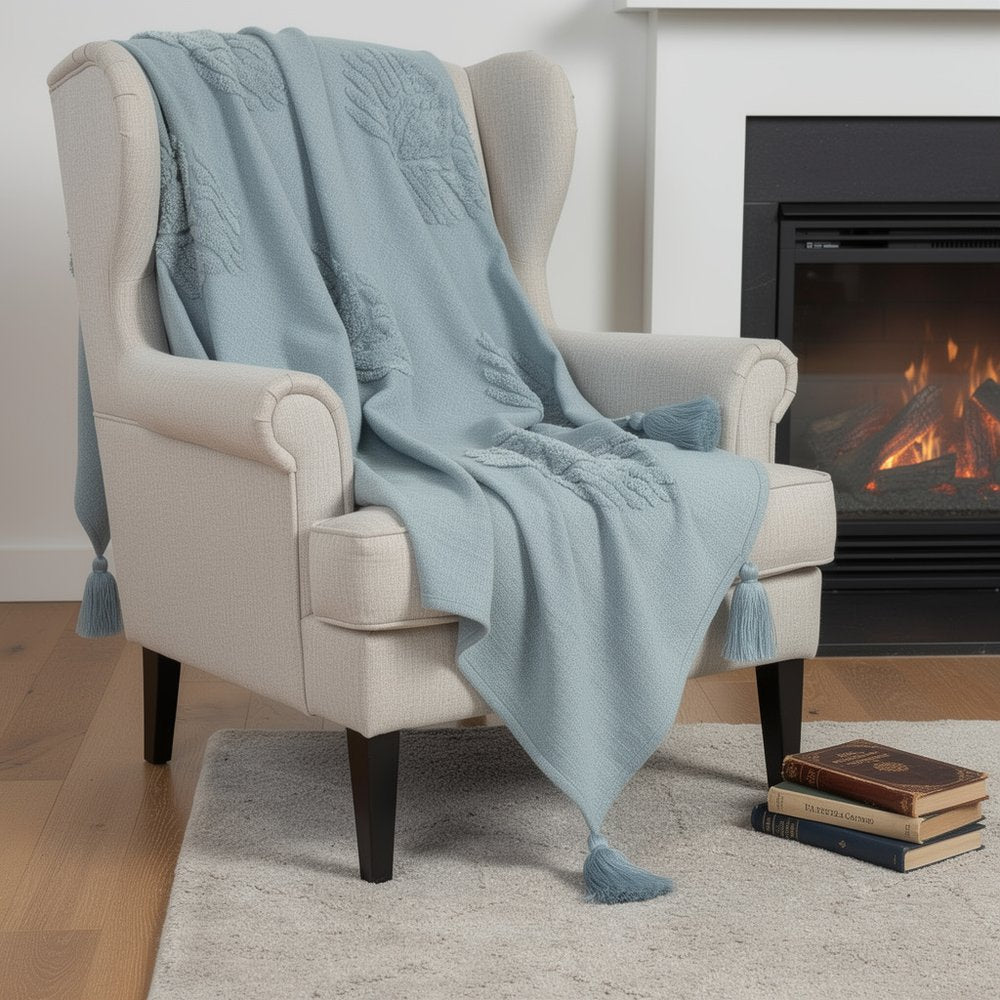 50" X 60" Aqua Cotton Woven Ikat Throw Blanket with Tassels HomeRoots