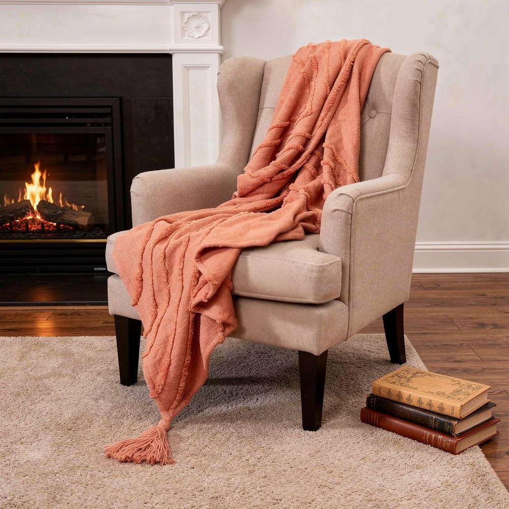 50" X 60" Coral Cotton Woven Geometric Throw Blanket with Tassels HomeRoots