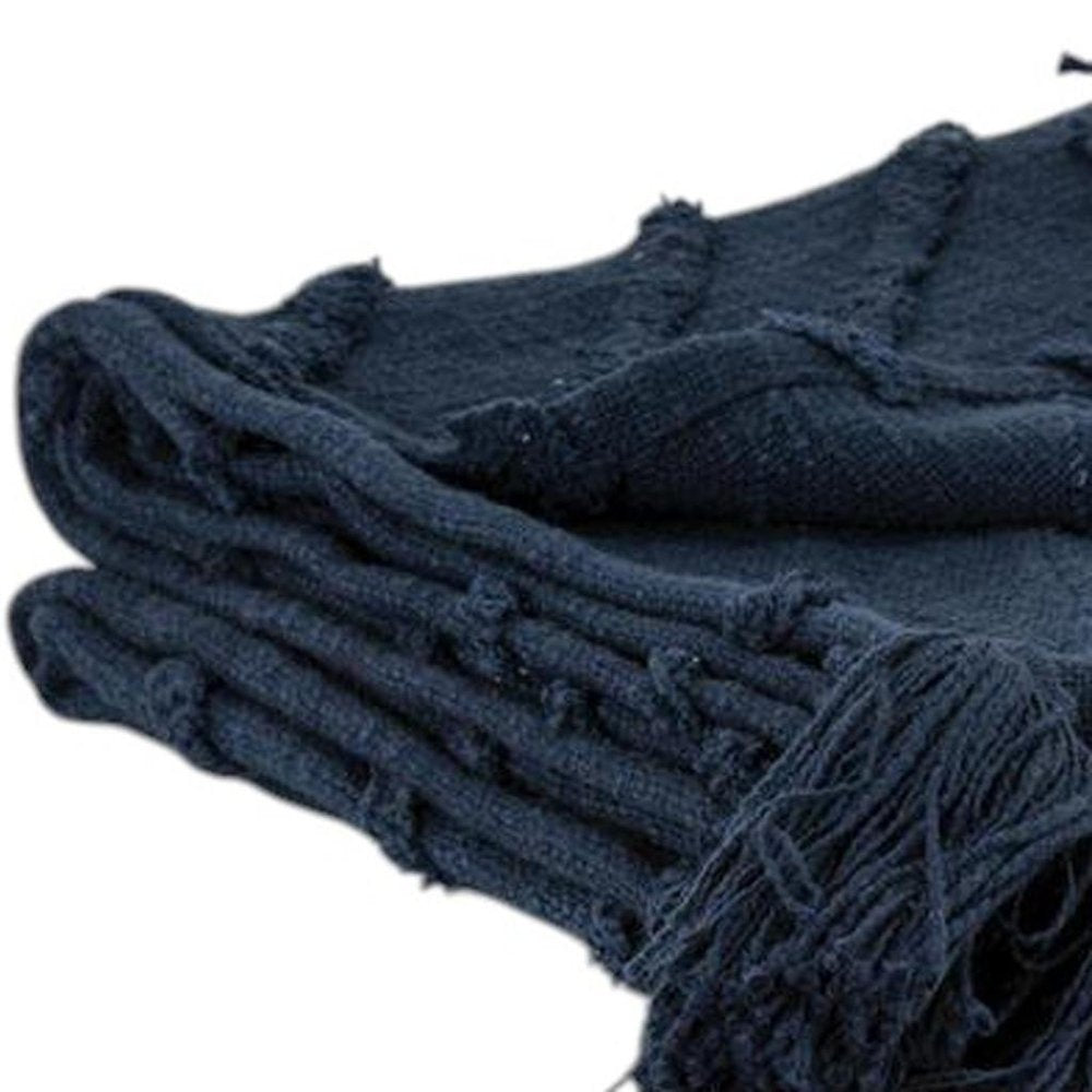 50" X 60" Blue Cotton Woven Geometric Throw Blanket with Tassels HomeRoots
