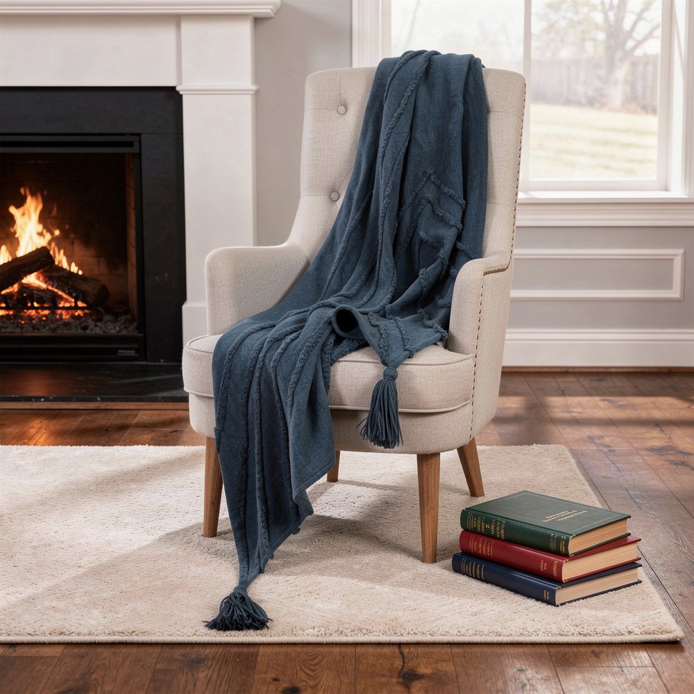 50" X 60" Blue Cotton Woven Geometric Throw Blanket with Tassels HomeRoots