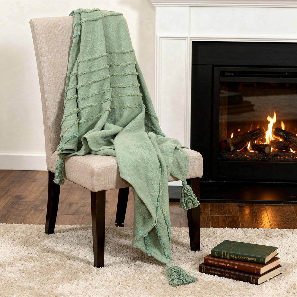 50" X 60" Green Cotton Woven Geometric Throw Blanket with Tassels HomeRoots