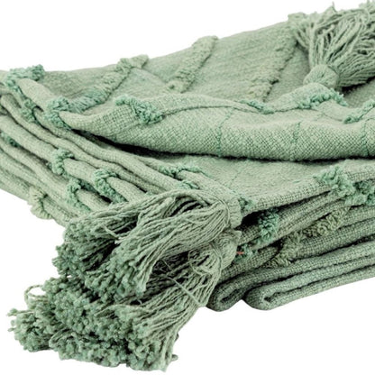 50" X 60" Green Cotton Woven Geometric Throw Blanket with Tassels HomeRoots