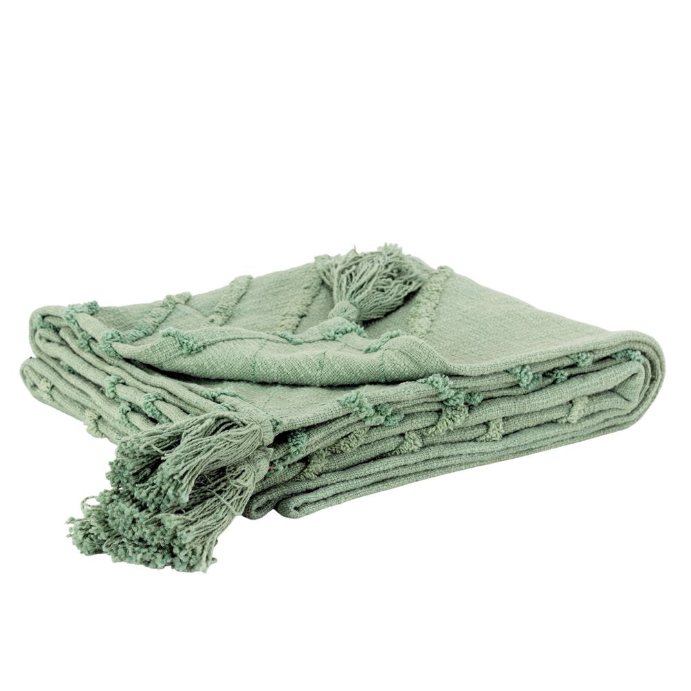 50" X 60" Green Cotton Woven Geometric Throw Blanket with Tassels HomeRoots