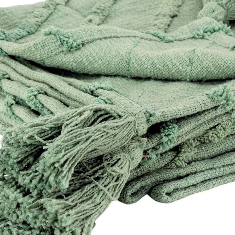 50" X 60" Green Cotton Woven Geometric Throw Blanket with Tassels HomeRoots