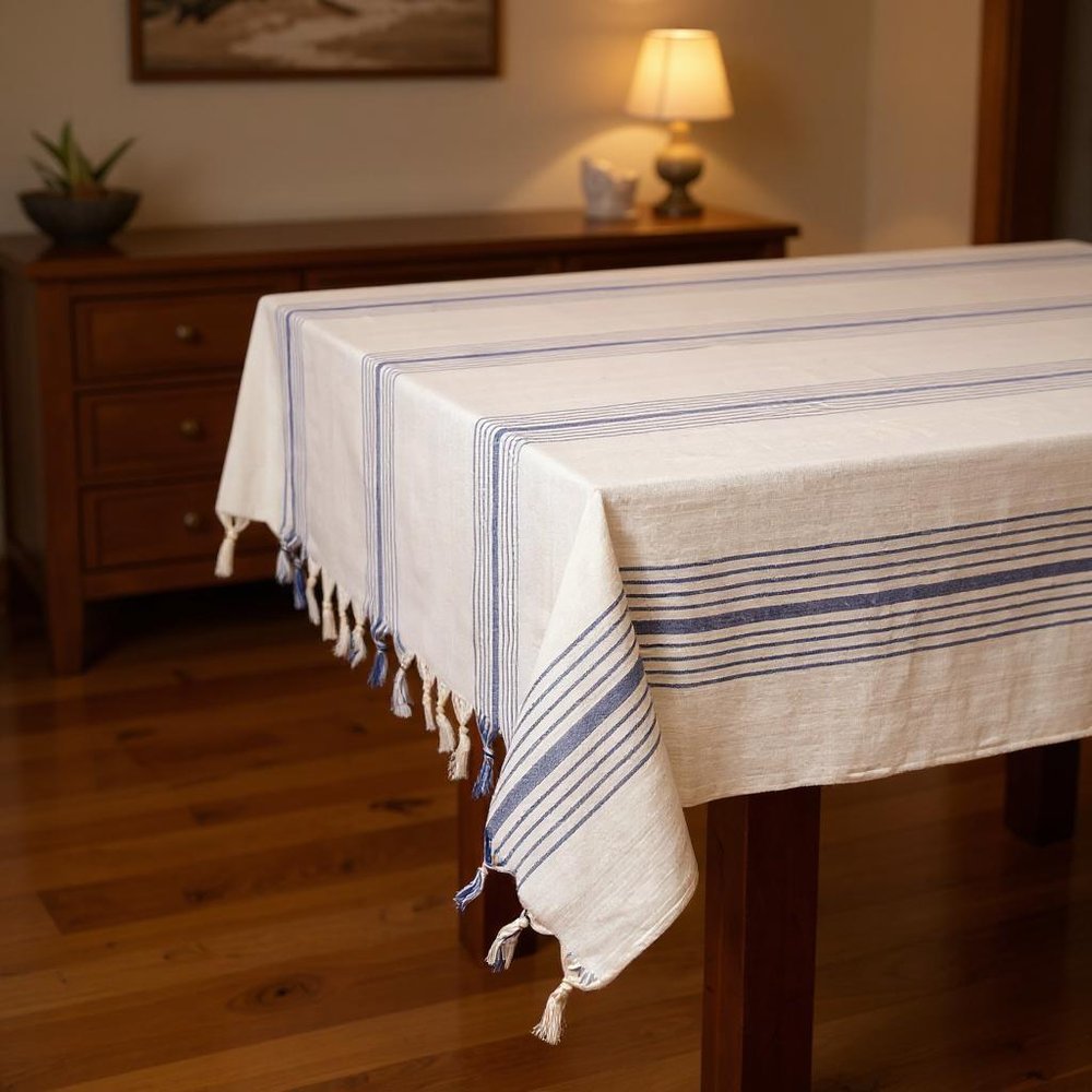71" x 95" Cream And Blue Striped Cotton Tablecloth And Napkins Set HomeRoots