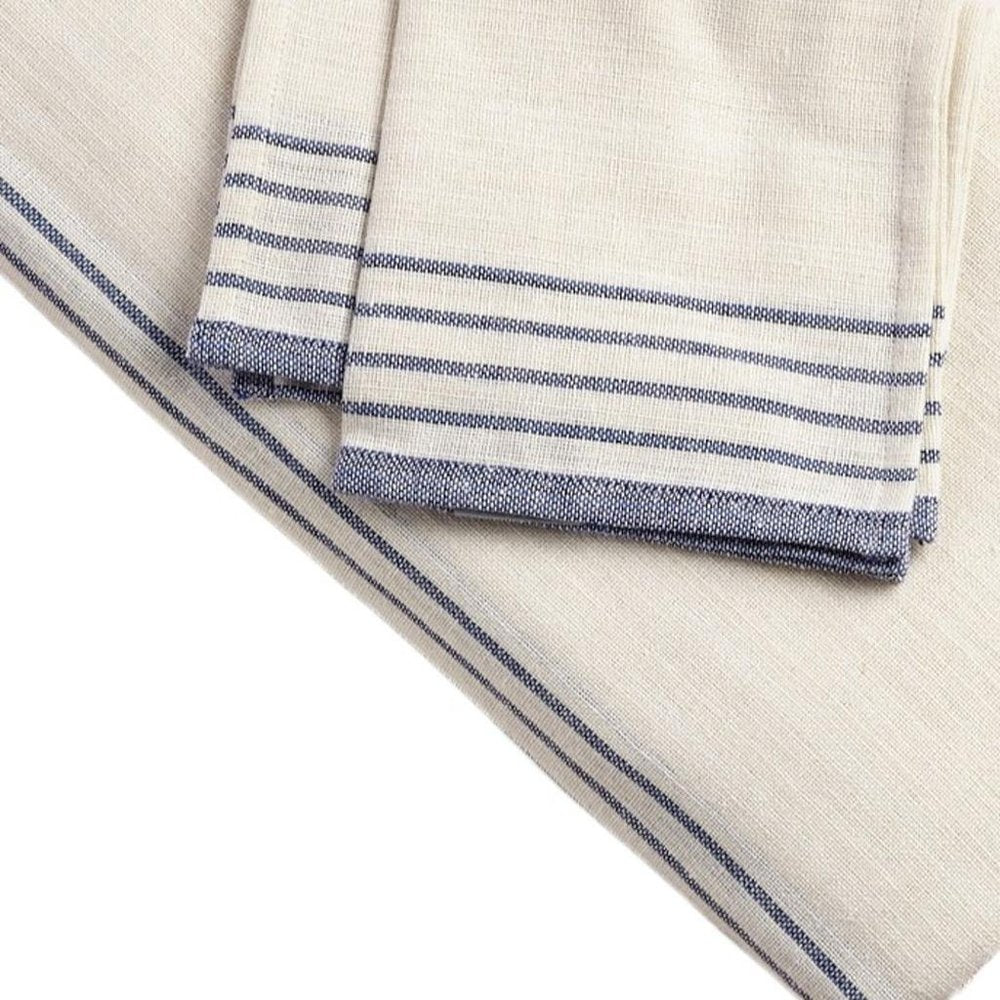71" x 95" Cream And Blue Striped Cotton Tablecloth And Napkins Set HomeRoots