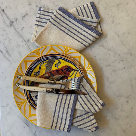 71" x 95" Cream And Blue Striped Cotton Tablecloth And Napkins Set HomeRoots