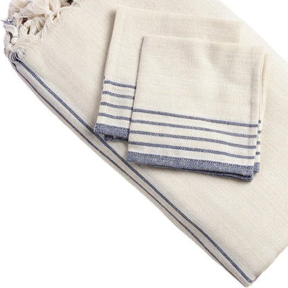 71" x 95" Cream And Blue Striped Cotton Tablecloth And Napkins Set HomeRoots