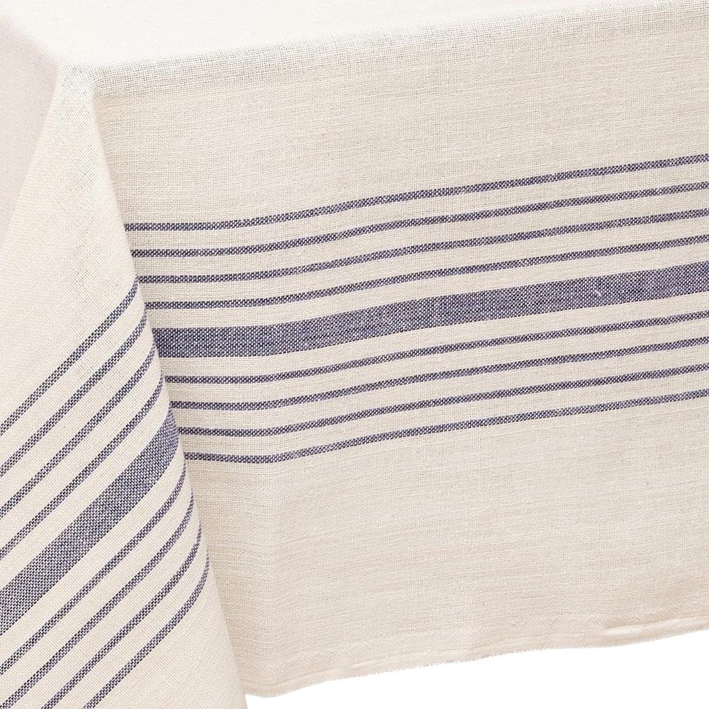 71" x 95" Cream And Blue Striped Cotton Tablecloth And Napkins Set HomeRoots