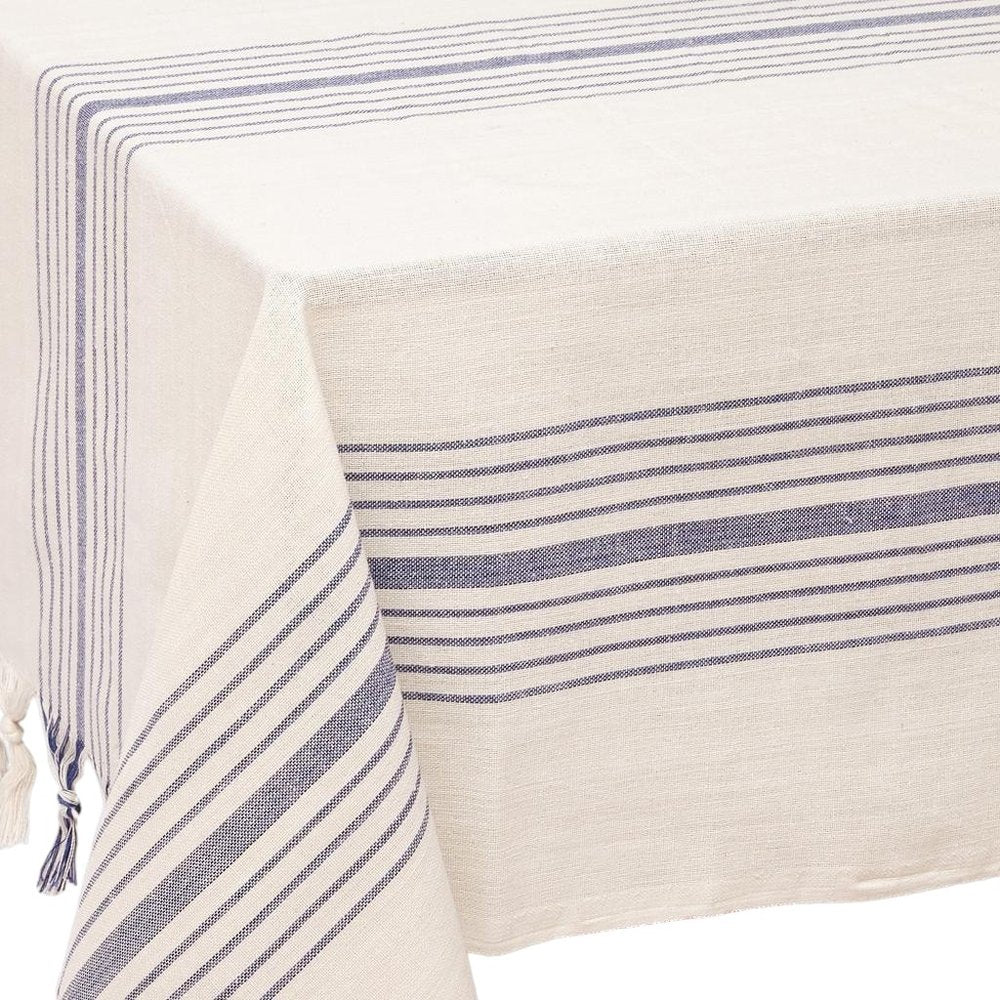 71" x 95" Cream And Blue Striped Cotton Tablecloth And Napkins Set HomeRoots