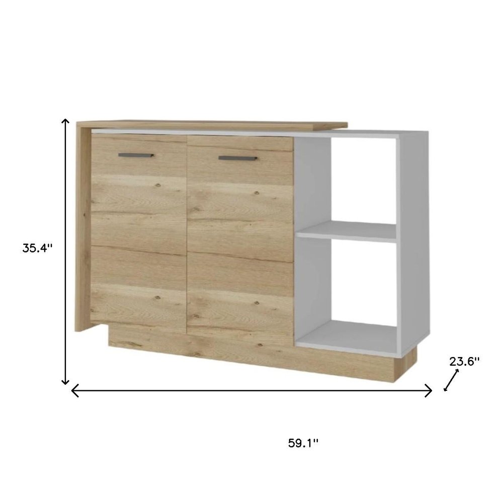 59" Natural White and Brown Wood Kitchen Island Set With Storage HomeRoots