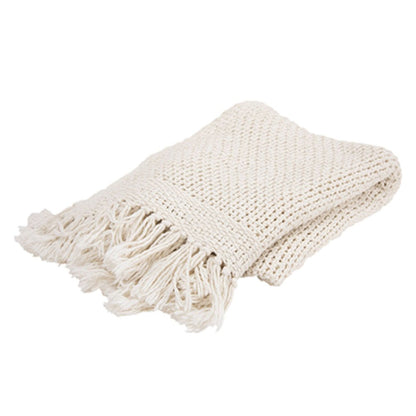 50" X 60" White Cotton Knitted Throw Blanket with Fringe HomeRoots