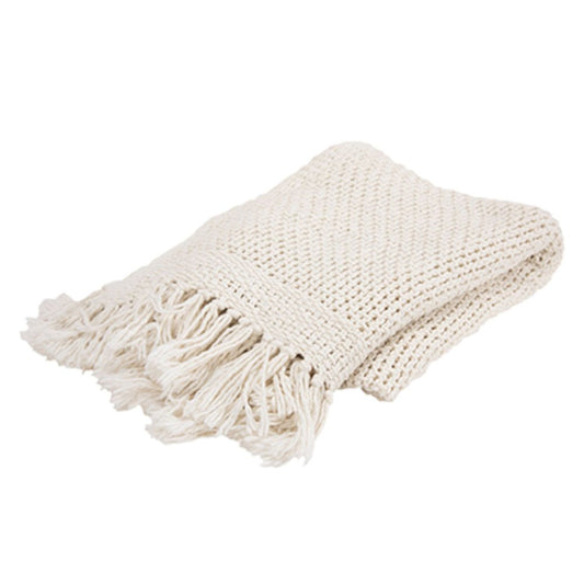 50" X 60" White Cotton Knitted Throw Blanket with Fringe HomeRoots