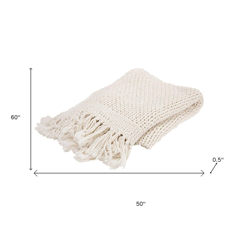 50" X 60" White Cotton Knitted Throw Blanket with Fringe HomeRoots