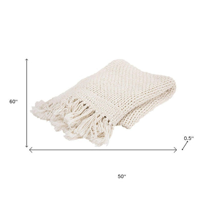 50" X 60" White Cotton Knitted Throw Blanket with Fringe HomeRoots