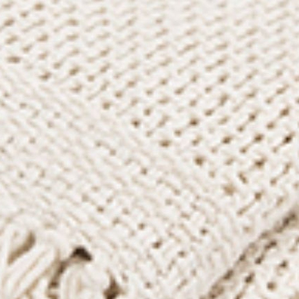50" X 60" White Cotton Knitted Throw Blanket with Fringe HomeRoots