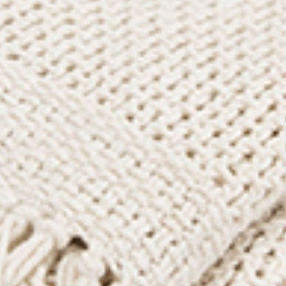 50" X 60" White Cotton Knitted Throw Blanket with Fringe HomeRoots