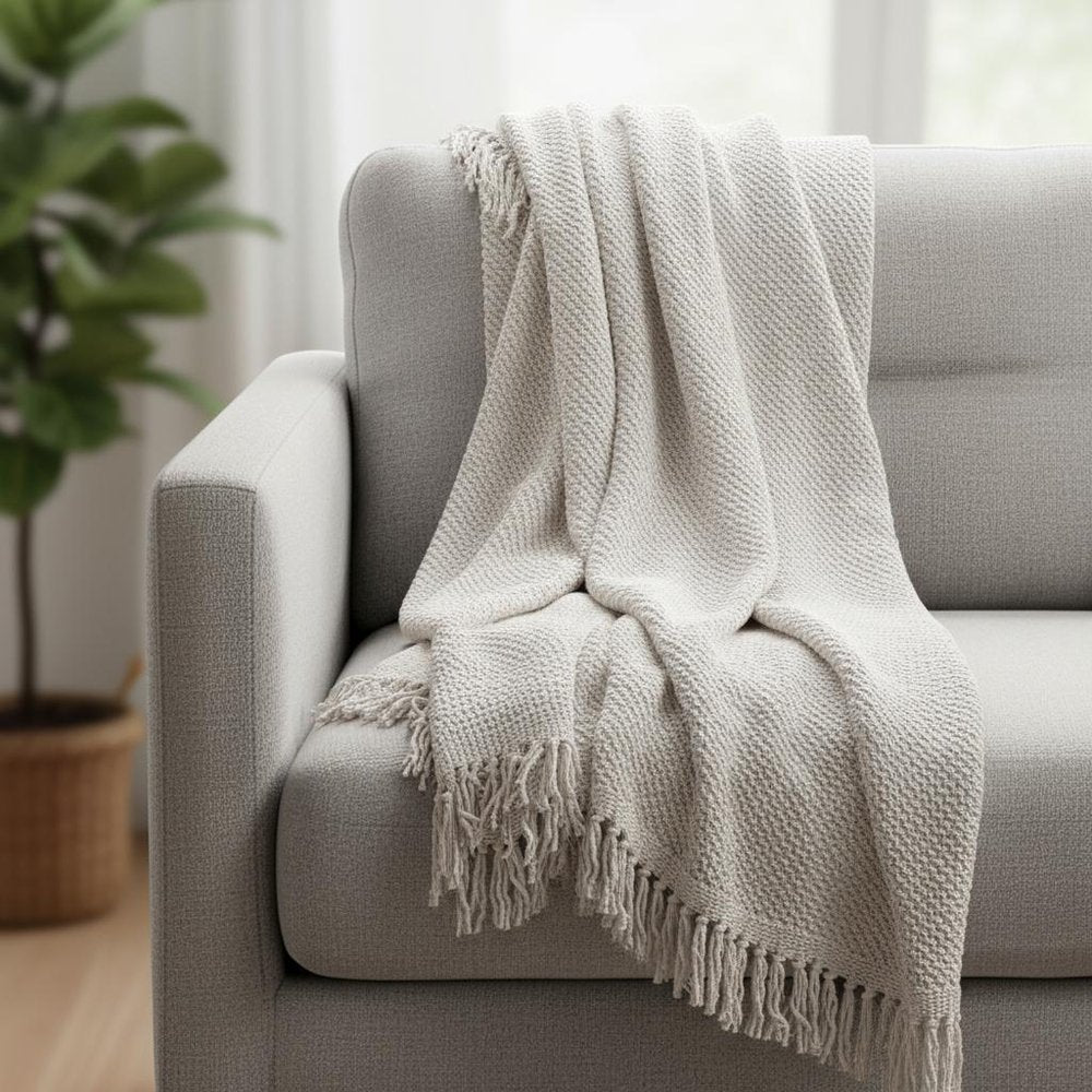 50" X 60" White Cotton Knitted Throw Blanket with Fringe HomeRoots