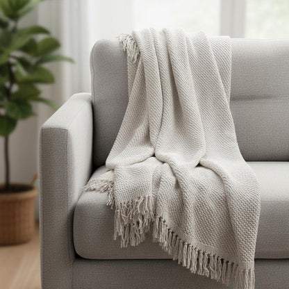 50" X 60" White Cotton Knitted Throw Blanket with Fringe HomeRoots