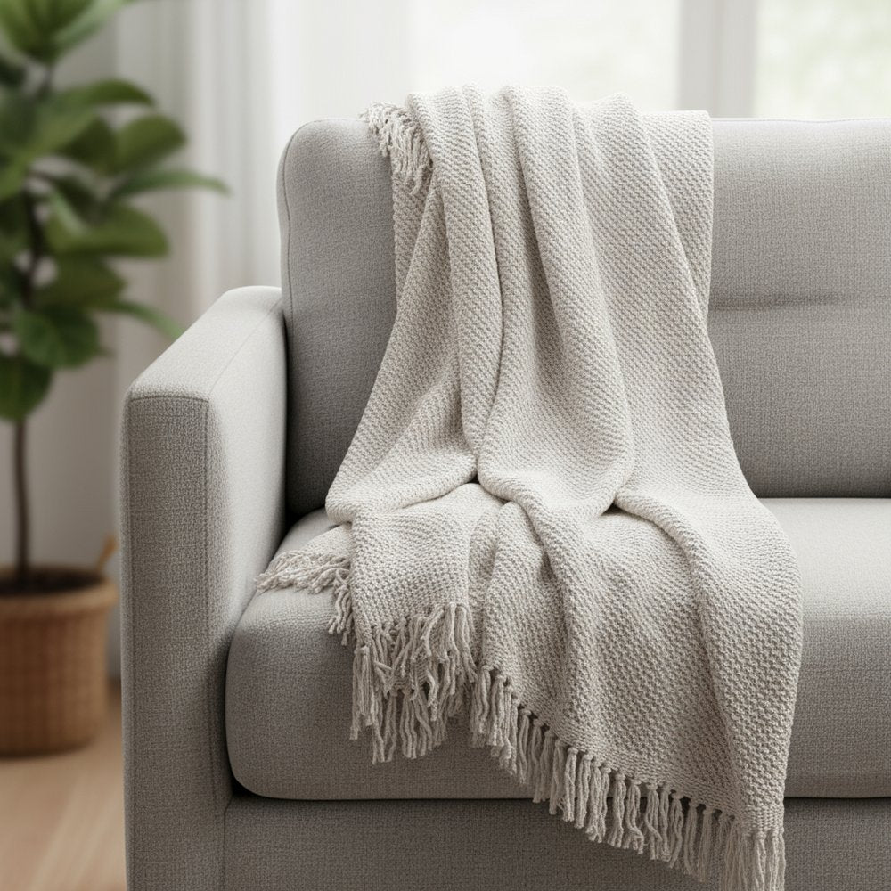 50" X 60" White Cotton Knitted Throw Blanket with Fringe HomeRoots
