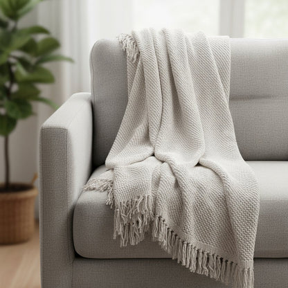 50" X 60" White Cotton Knitted Throw Blanket with Fringe HomeRoots