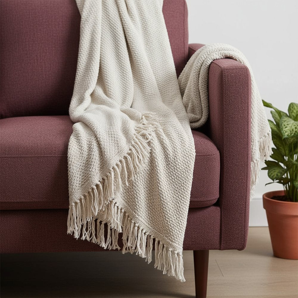 50" X 60" White Cotton Knitted Throw Blanket with Fringe HomeRoots