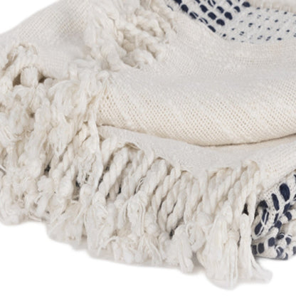 Ivory and Blue Woven Cotton Throw Blanket with Fringe