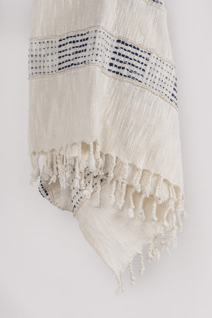 Ivory and Blue Woven Cotton Throw Blanket with Fringe