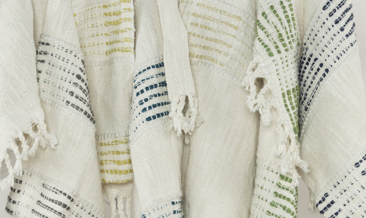 Ivory and Blue Woven Cotton Throw Blanket with Fringe