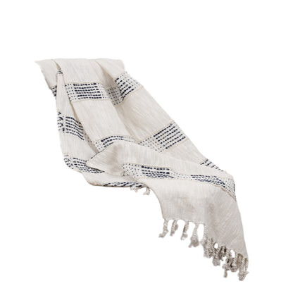 Ivory and Blue Woven Cotton Throw Blanket with Fringe