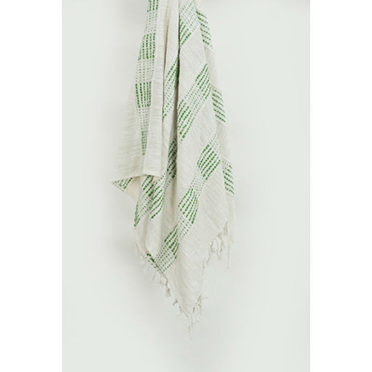 Gray and Green Woven Cotton Throw Blanket with Fringe