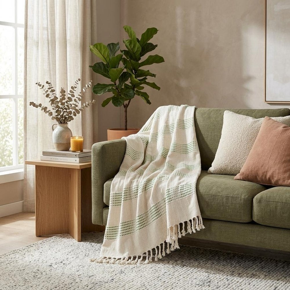 Gray and Green Woven Cotton Throw Blanket with Fringe — view 7
