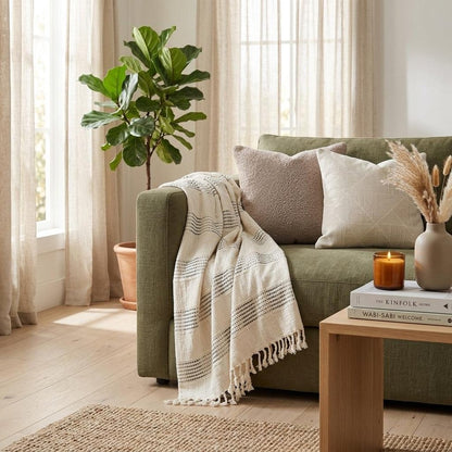 Beige and Gray Woven Cotton Throw Blanket with Fringe HomeRoots