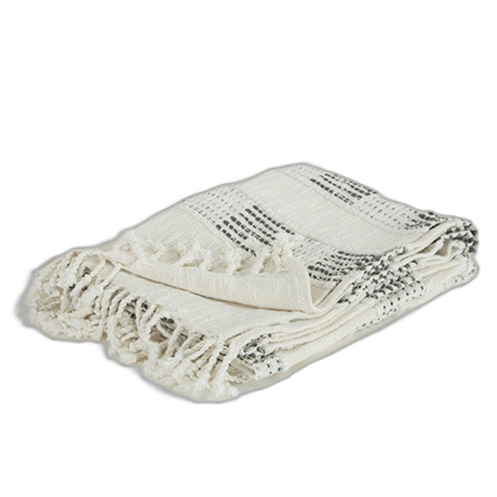 Beige and Gray Woven Cotton Throw Blanket with Fringe HomeRoots