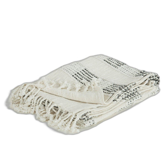 Beige and Gray Woven Cotton Throw Blanket with Fringe HomeRoots