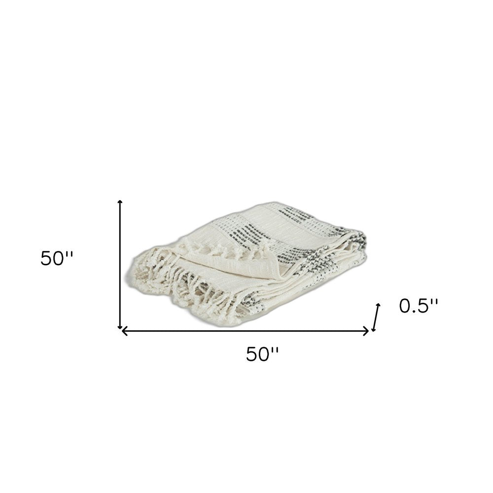 Beige and Gray Woven Cotton Throw Blanket with Fringe — view 2