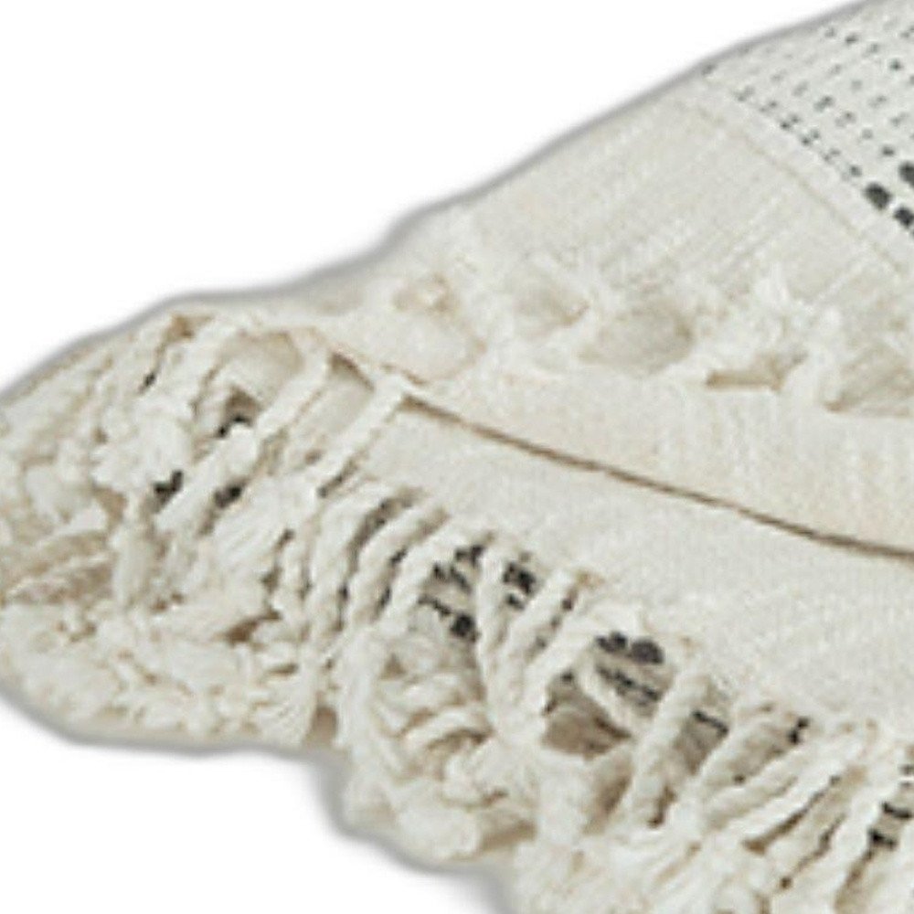 Beige and Gray Woven Cotton Throw Blanket with Fringe — view 3